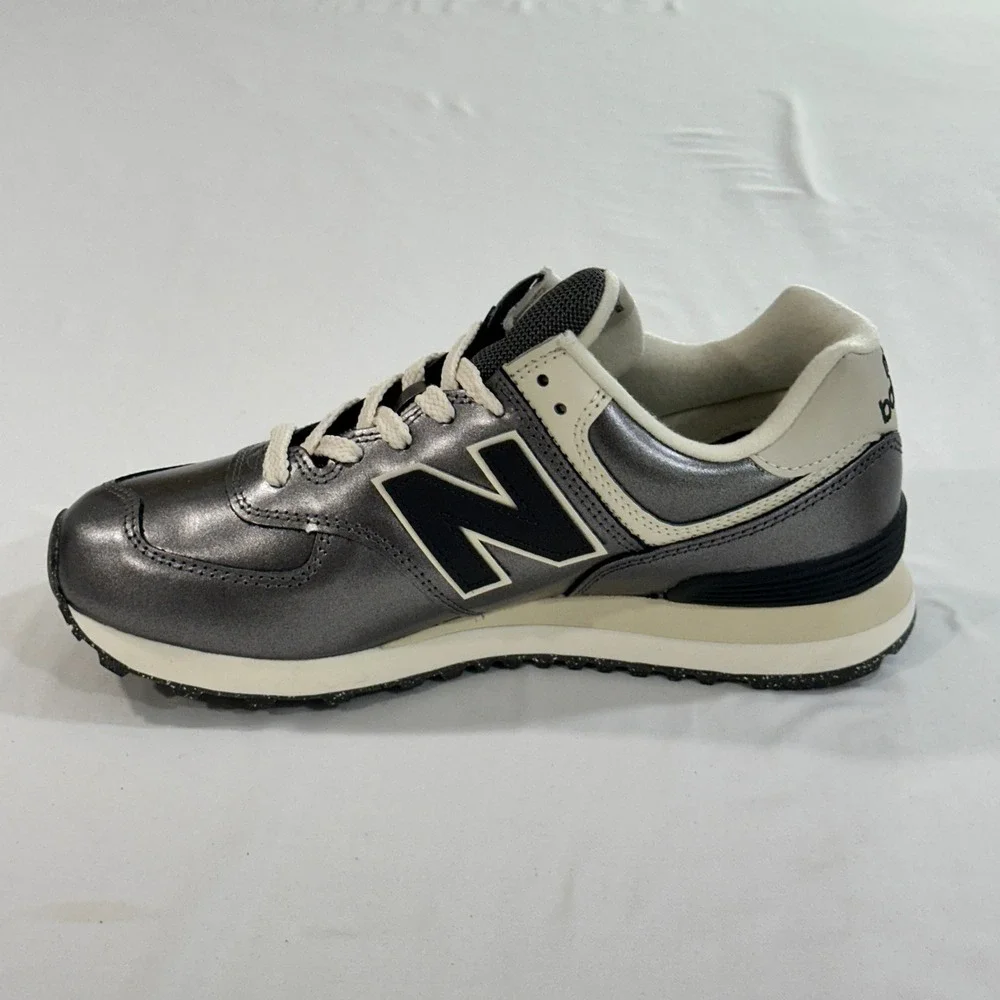 New Balance 574 Metallic Gunmetal Leather Mesh Sneakers Womens Shoes Grey Silver